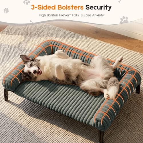 Elevated Dog Bed with Removable Fluffy Pillow Cushion, Raised Pet Cot Washable Bolster, Dog Couch Sofa, Anti Slip Feet, Breathable Mesh, Light Grey, 36"×26" - Thumbnail 4
