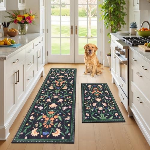 Ileading Kitchen Mat Sets 2 Piece,Plant Florals Rugs for Kitchen Floor,Stain Resistant Standing Mats with Non Slip Rubber Backing,Waterproof Runner Rugs for Laundry,Doormat,Entryway(Black Florals) - Image 1