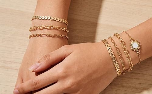 Bracelets Sets 14K Gold Plated Trendy Thin Dainty Stackable Cuban Link Paperclip Chain Leaf Sun Fashion Gifts Jewelry - Thumbnail 5