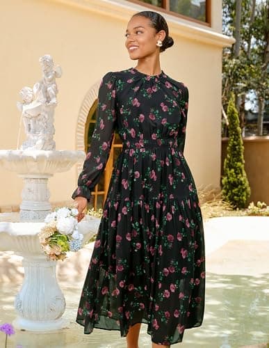 GRACE KARIN Women's Floral Chiffon Dresses Puff Long Sleeve Flowy Wedding Guest Dress Smocked Tiered Maxi Dresses Black L - Thumbnail 2