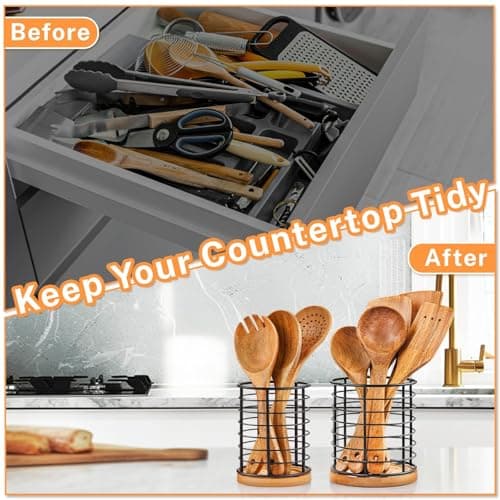 hunnycook 2-Piece Utensil Holders - 5.1*5.1*5.8 and 3.7*3.7*5.8 inches Kitchen Utensil Holders, Metal Black Crocks with Wooden Base, Easy to Drain - Thumbnail 5