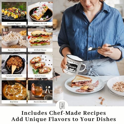 Ayerphalo Bacon Grease Container with Strainer - With Food-Grade Silicone Spatula, 24oz Enamel Rustic Farmhouse Fat Container, Keeper, Recipes, Dishwasher Safe - Thumbnail 6