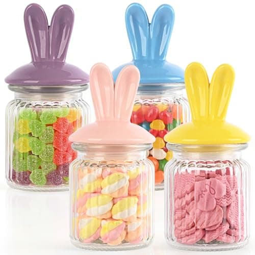 Easter Candy Dish – 4 Pack Glass Bunny Candy Jars with Ceramic Bunny Ear Lids, 250ml Easter Cookie Jar for Mini Eggs and Easter Table Decor - Image 1