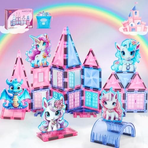 Unicorn Magnetic Tiles, Unicorn Toys for Girls Age 4-6, Magnetic Building Blocks for Kids, Diamond Magnetic Tiles 3D Educational Toy, STEM Construction for Toddlers, Birthday Gifts for Boys and Girls - Image 1
