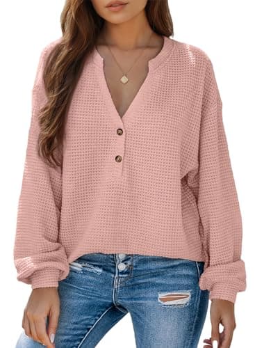 Dokotoo Going Out Tops for Women 2026 Fashion Casual Long Lantern Sleeve Spring Blouses Ladies Waffle Knit Top Oversized Spring Outfits Lightweight Workout Pink Button Up Shirts Medium - Image 1