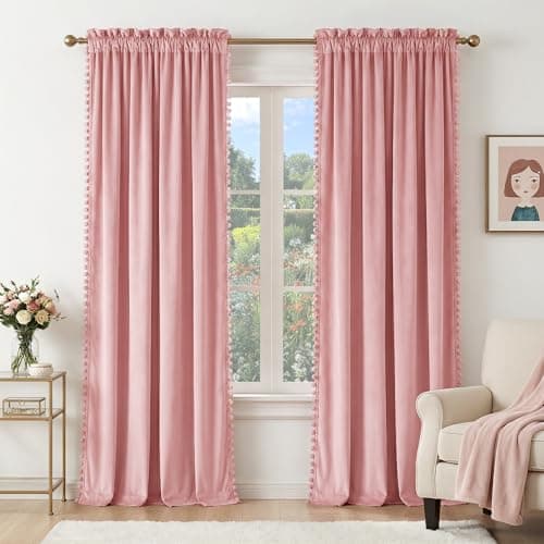 NICETOWN Blush Pink Velvet Curtains 96" Long with Cute Pom-Pom Trim for Living Room – Elegant Privacy Protection Drapes Light Filtering Window Treatments for Girls, 52" W x 96" L, 2 Panels - Image 1