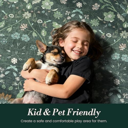 Vibrug 9x12 Area Rugs for Living Room, Floral Vintage Washable Rugs, Soft Boho Non-Slip Low Pile Carpets, Large Area Rug for Dining Room Bedroom Farmhouse Home Indoor Nursery, Dark Green - Thumbnail 6