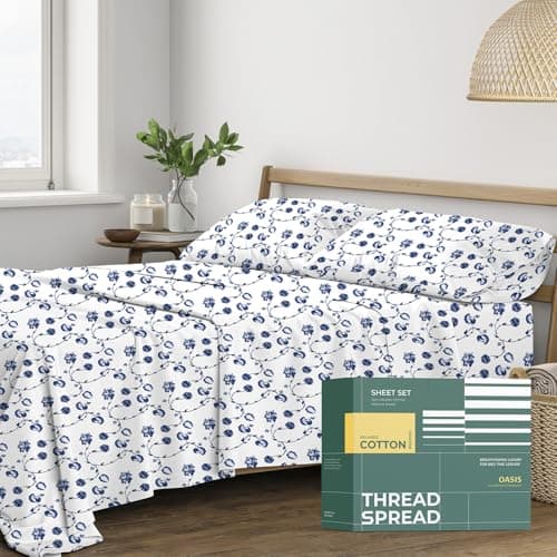 THREAD SPREAD 100% Organic Cotton Sheets Twin XL Size - Organic Cotton Percale Weave Sheet Set (3 PC, Floral Blue), Soft, Cooling, Crisp & Breathable, 16" Deep Pocket Hotel Quality Bedding Set - Image 1