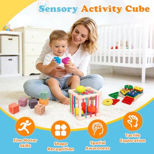 VuvuVoda Montessori Baby Toys for Toddlers 1-3, 7-in-1 Educational Activity Toy Set with Soft Cloth Book, Stacking Blocks & Learning Toys, Birthday Gifts for Boys Girls - Thumbnail 5