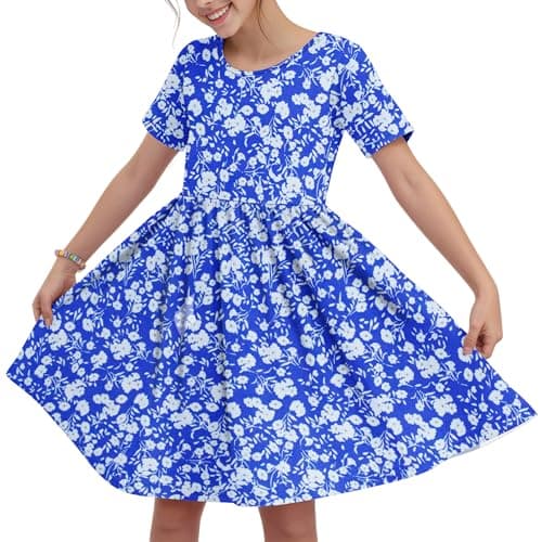 Girls Floral Mini Summer Dress Short Sleeve Crew Neck Casual Cute Sundress for Toddler Little Kids with Pockets for 5-14 Years Blue White Floral L - Image 1