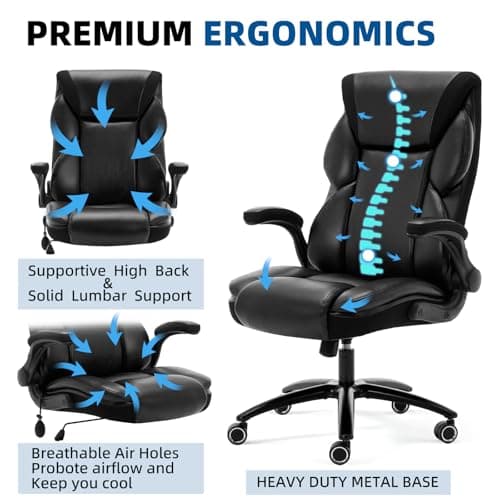 Fmolat Ergonomic Office Chair Gaming Chair Comfy - Breathable Leather Desk Chair with Lumbar Support & Back Support, Comfortable Computer Chair (Black) - Thumbnail 4