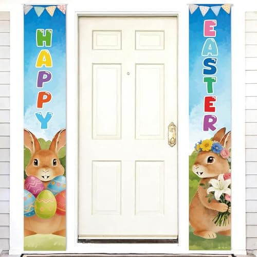 Ladnica Happy Easter Door Banner 2 Pack, 72 x 12 Inch Easter Porch Sign with Bunny Egg Pennant Flag Carrot, Spring Easter Decorations for Front Door Yard Home Indoor Outdoor Party Supplies - Image 1
