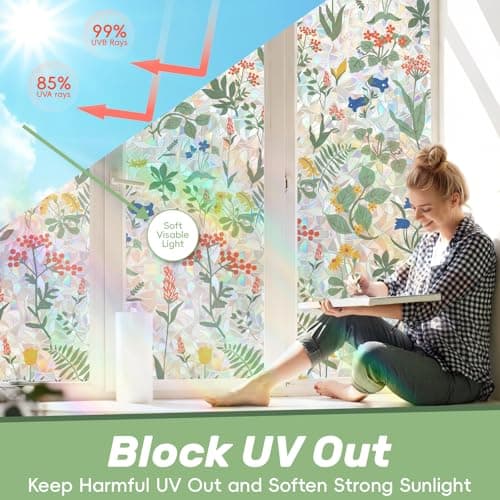 Tymina Window Privacy Film, Stained Glass Window Film Decorative Window Clings, Sun Blocking Stickers UV Heat Blocking Rainbow Window Film for Glass Doors, Bedroom Windows (Apricot&Blue, 17.7"×78.7") - Thumbnail 4
