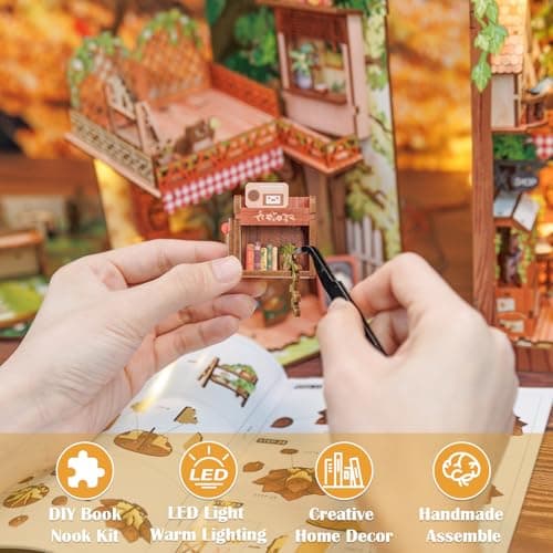 Cutefun Book Nook Kit, DIY Miniature Booknook Kit for Adults, 3D Wooden Puzzle Bookend Bookshelf Decor with LED Light & Dust Cover Creative Crafts Gifts for Book Lovers (Squirrel Collector) - Thumbnail 6