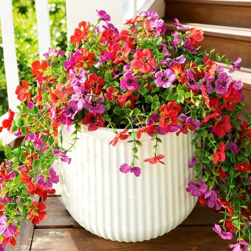 Fanfantoey 3Pcs Artificial Flowers for Outdoors, UV Resistant Fake Flowers, Realistic Artificial Hanging Flowers, Fake Plants Silk Daisy Vines for Spring Summer Outdoor Decor(Fuchsia,Red)