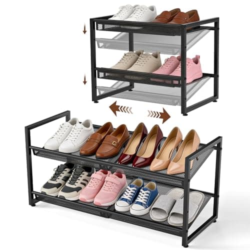 Expandable Shoe Rack, 2 Tier Adjustable Shoe Organizer with Flat & Slant Dual Use Design, Space Saving Shoes Stand for Closet & Entryway, Sturdy Dense Metal Grid Shoe Holder for High Heels, Sneakers - Image 1