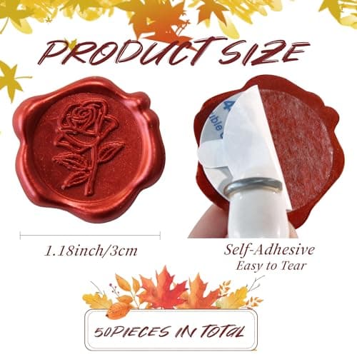 Pilloze 50pcs Red Rose Wax Seal Stickers, Rose Wax Seal, Red Rose Stickers for Envelopes, Waterproof, for Wedding Invitation, Christmas - Thumbnail 2
