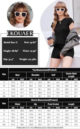 Ekouaer Rompers for Women Summer Casual Cap Sleeve Crewneck Short Pants Jumpsuit Beach Vacation Outfit with Pockets Khaki L - Thumbnail 6