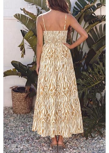 KIRUNDO Sundresses for Women 2026 Spring Summer Hawaiian Print Boho Floral Spaghetti Strap Beach Vacation Flowy Maxi Dress(Khaki, Large) - Thumbnail 5