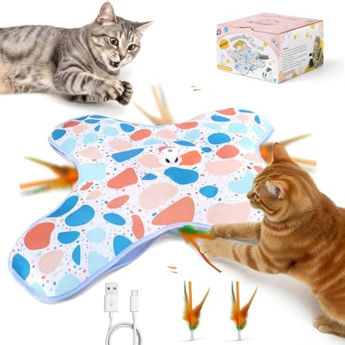 PETSWEET Interactive Cat Toys, Hide and Seek Cat Toy, 2 in 1 Automatic Moving Concealed Feathers for Indoor Cats, Non-Slip Suction, Touch Activated, USB Rechargeable, Blue