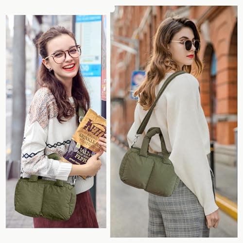 JHhomezeit Small Puffer Bag for Women, Crossbody Puffer Tote Bag Quilted Puffy Bags Satchel Shoulder Purse Fluffy Handbag Army Green - Thumbnail 2