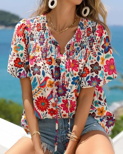 KIRUNDO Boho Tops for Women Summer 2026 Dressy Floral Blouse V Neck Drawstring Short Sleeve Shirts Beach Vacation Clothes(White Multicolored, Large) - Thumbnail 5