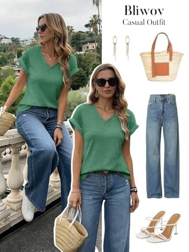 Bliwov Womens Summer Tops V Neck Lace Short Sleeve T Shirts Dressy Casual Business Outfits 2026 Spring Fashion Tee Clothes Green - Thumbnail 2