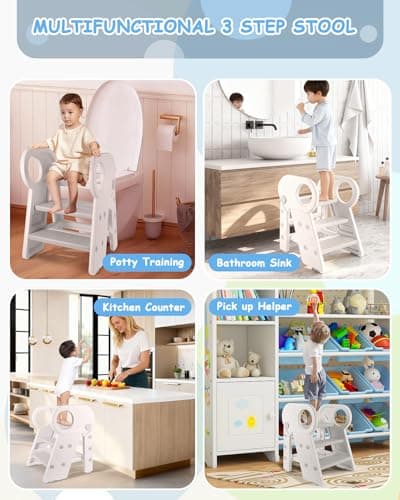 Baobrava Foldable Step Stool for Toddlers, Adjustable 3 Step Stool for Bathroom Sink, Toilet Potty Training Stool with Handles, Child Kitchen Counter Bedroom Bed Stool Helper - Thumbnail 5