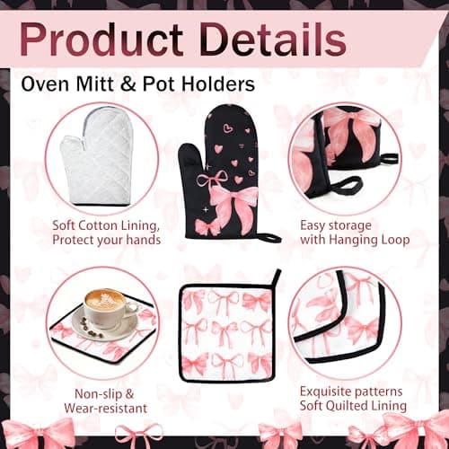 Vetoxka 8 Pcs Cute Pink Bow Kitchen Towels and Dishcloths Sets Oven Mitts Pot Holders Set Valentines Day Absorbent Decor Accessories Gloves Potholders Heat Resistant for Chef Baking Cooking Home Gifts - Thumbnail 4