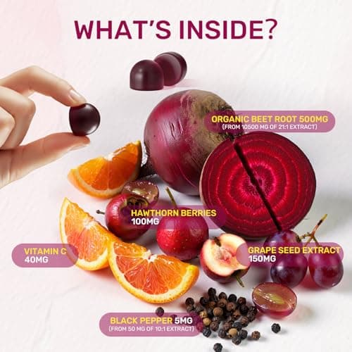 Nitric Oxide Organic Beet Root Beetroot Gummies 10500mg 21:1 Extract with Grape Seed & Black Pepper for Absorption – Supports Circulation, Heart & Energy – Sugar Free, Vegan, Non-GMO丨60 Gummies - Thumbnail 2