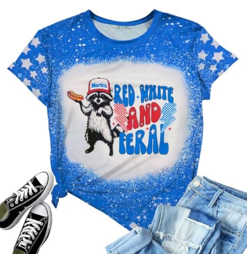 4th of July Shirt Women Red White and Blue Shirts Funny 250 Anniversary USA Raccoon T-Shirt America Patriotic Tee Tops - Image 1