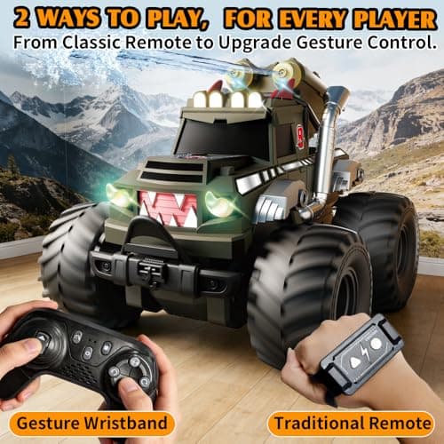 Dual Remote Control RC Car with Magic Gesture Wristband & 40+ Min Play, 1:18 Fully Submersible Waterproof All Terrain 4WD Monster Truck, Amphibious Toy Crawler Gift for Boys Girls Ages 6-12-Green - Thumbnail 2