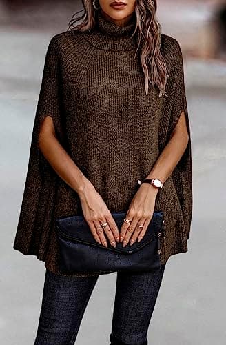 KIRUNDO Women's 2026 Fall Winter Turtleneck Poncho Sweater Fashion Chunky Knit Cape Wrap Sweaters Pullover Jumper Tops(Dark Coffee, X-Large) - Thumbnail 3