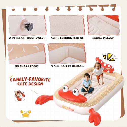 CoziBB Inflatable Toddler Travel Bed, Portable Travel Bed with Flocked Mattress, Built-in Pillow & Carry Bag, 4 Side Safety Bumpers for Toddlers-Hermit Crab - Thumbnail 3