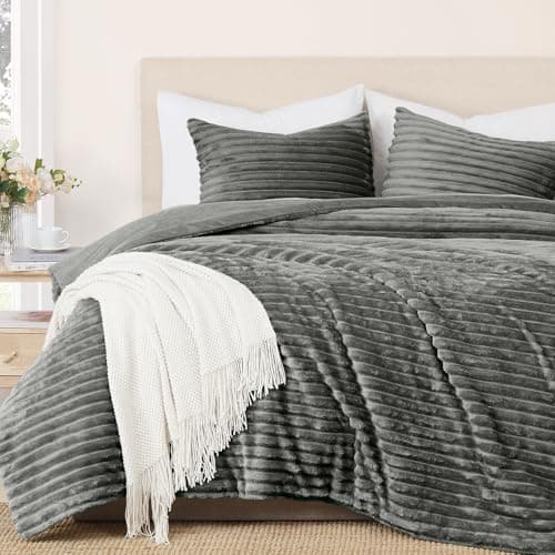 Geniospin Fleece Queen Comforter Set, Soft Fuzzy Queen Bedding Sets, 3-Pieces Gray Comforter Set for All Season, Warm Fluffy Comforter with 2 Pillow Cases - Image 1