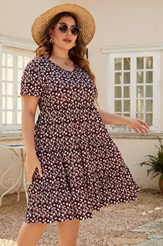 Younrui Plus Size Floral Dress for Women Short Sleeve Scoop Neck Flowy Aline Swing Ruffle Hem Tiered Casual Dresses (3XL-1001-BD Floral) - Thumbnail 5