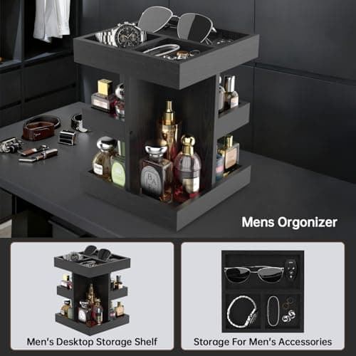 VLXXOI Cologne Organizer for Men Rotating Bathroom Counter Organizer, 3-Tier Solid Wood Storage Caddy, 360-Degree Rotating Stand, Burlywood (Black) - Thumbnail 4