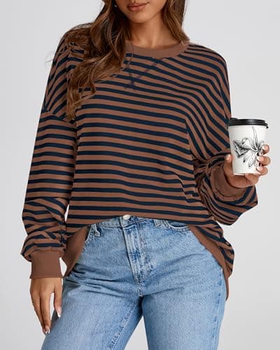 BTFBM Womens Oversized Striped Sweatshirt 2026 Spring Crewneck Long Sleeve Pullover Top Casual Y2K Clothes Workout Shirt(Brown Navy, Medium) - Thumbnail 6
