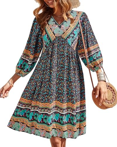 BTFBM Women Casual Spring Summer Dresses V Neck 3/4 Long Sleeve Ruffle Floral Flowy Boho Babydoll Mini Short Beach Dress(Floral Black, Medium) - Image 1