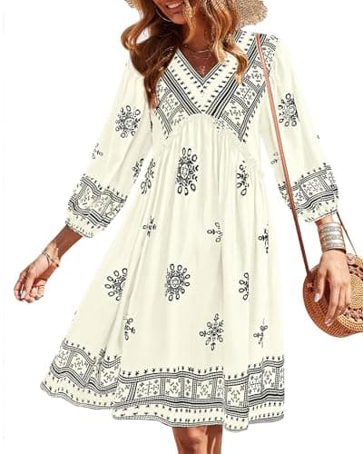 BTFBM Womens Summer Dresses 2026 Casual V Neck 3/4 Long Sleeve Ruffle Floral Flowy Boho Babydoll Mini Spring Beach Dress(Print White, Medium) - Image 1