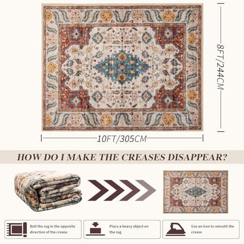 Area Rug 8x10 for Living Room Soft Machine Washable Low Pile Area Rugs Vintage Boho Bedroom,Dinner Room Non-Slip Carpet Rug - Brick Red - Thumbnail 2