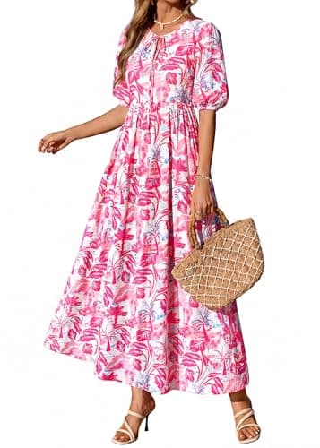 KIRUNDO Spring Dresses for Women 2026 Summer Wedding Guest Boho Floral 3/4 Sleeve Beach Vacation Cruise Flowy Maxi Dress(Red, Small) - Thumbnail 6