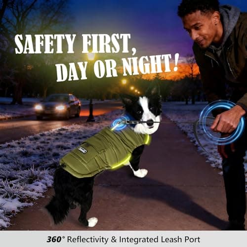 Dog Winter Puffer Jacket Waterproof, Reflective Furry Fleece Lined Dog Coats for Small Medium Dogs, Warm Snow Coat, Insulated Cold Weather Dogs Vest Jackets with Leash Hole, Olive - Thumbnail 6
