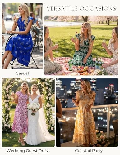 GRACE KARIN Casual Summer Dress for Women 2026 V-Neck Short Sleeve Smocked Midi Dress Yellow Floral XL - Thumbnail 5