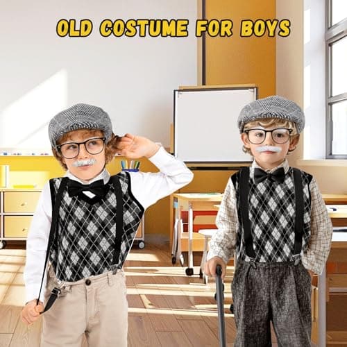 Skirfy 100 Days of School Costume for Boys,Old Man Costume for Kids with Old Man Hat and Grandpa Vest,Cosplay Grandpa Dress Up Accessories for School Parties - Thumbnail 4