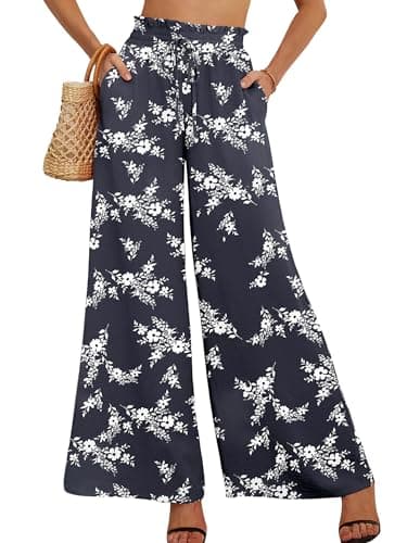Heymoments Women's Wide Leg Dress Pants with Pockets White Flower Navy XX-Large Lightweight Elastic High Waisted Adjustable Tie Knot Flowy Casual Ladies Beach Pleated Trousers - Image 1