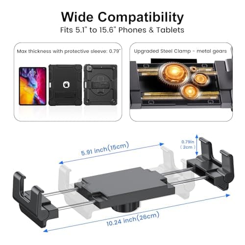 PLDHPRO Aluminum Alloy Tablet Car Mount for Dashboard Windshield, Heavy Duty Truck Suction Cup Stand, Large Clamp, Thick Case Friendly, Fits 5.1-15.6'' iPad Pro/Air/Mini, Galaxy Tabs - Thumbnail 6