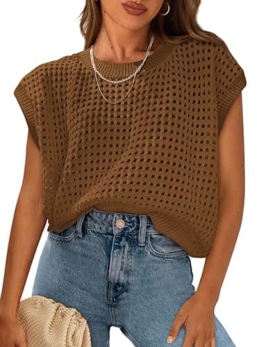 PRETTYGARDEN Womens Spring Tops 2026 Summer Shirts Crochet Cap Sleeve Sweater Pullover Cute Beach Vacation Clothes(Brown,Small) - Image 1