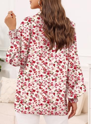 Dokotoo Womens Long Sleeve Tops for Women Work Business Button Down Ladies Blouses and Tops Loose Fit Dressy Allover Floral Print V Neck Office Boho Tunic Top 2026 Trendy Fall Outfits Red Large - Thumbnail 2