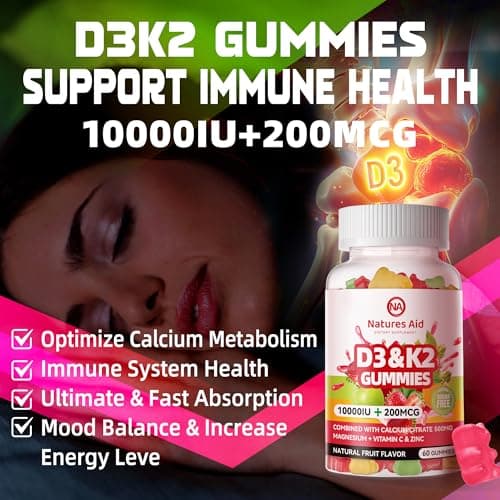 Natures Aid Sugar-Free Vitamin D3 K2 Gummies with Calcium + K2 (MK-7), Magnesium Citrate, Vitamin C, Extra Strength - Ultimate Absorption for Bone Muscle Teeth Immune, Vegan - 60 Gummies - Thumbnail 4